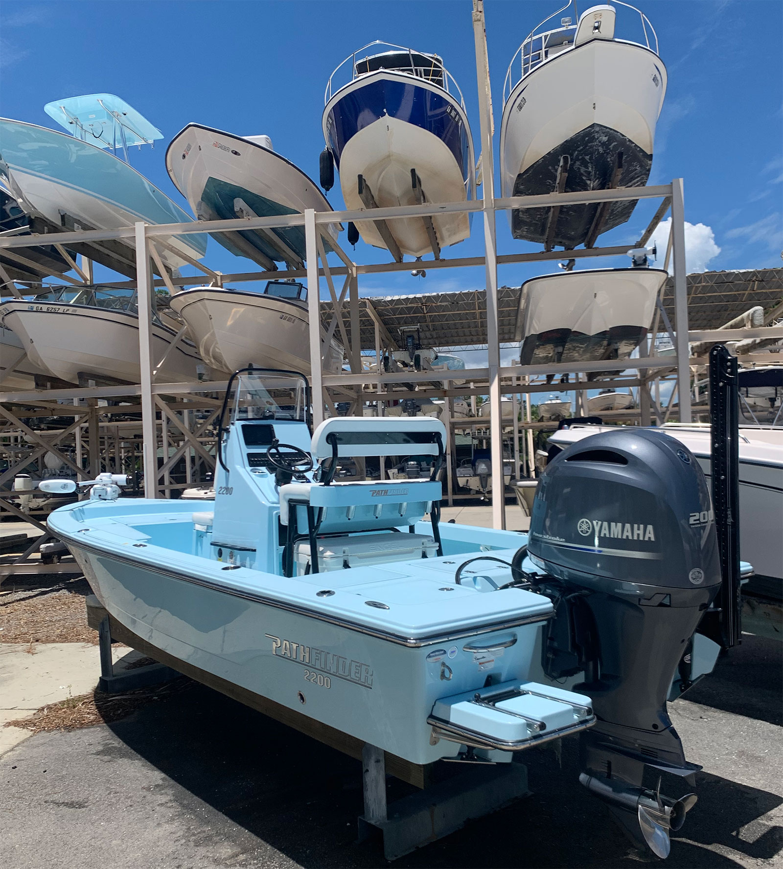 Pathfinder 2200 bay boat with a Yamaha 200 outboard in the marina yard